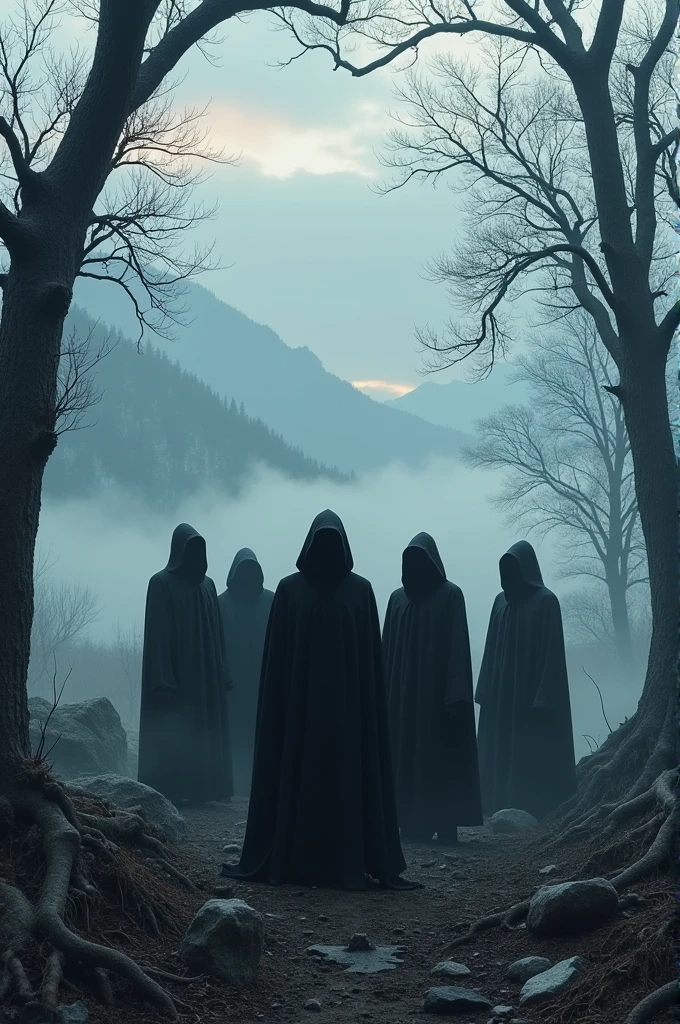 Make a landscape with dark, dry trees and lots of fog and in the middle some people hooded in black. Use as many elements of Nordic Black Metal as possible 