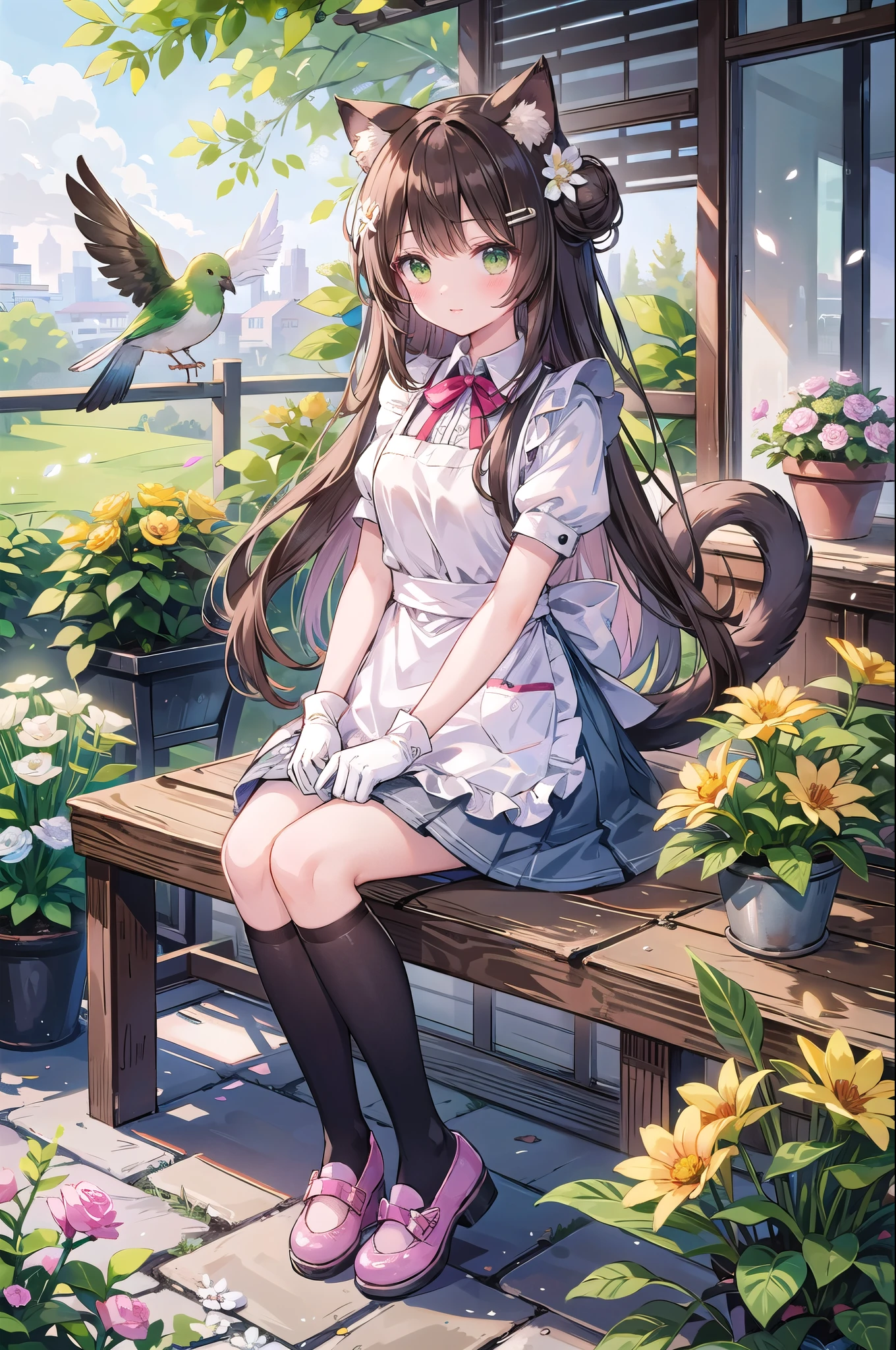 (masterpiece), One person, alone, animal, white flower, shirt, animal ears, flower, very Long Hair, collared shirt, Hair Bun, shoes下, Long Hair, black shoes下, gloves, Green Eyes, apron, Holding, Sitting, hair ornaments, blush, Lips parted, bangs, View your viewers, tail, yellow flower, Pink footwear, white shirt, animal ear fluff, Brown Hair, bird, Knee-high, whole body, skirt, Rose, Potted plants, Double Bang, watering can, Hair Clip, shoes, grey skirt