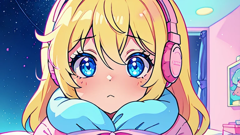 Imagem de room of . Close up of the girl.  with blonde hair and blue eyes sitting on the bed, wearing pink teddy bear pajamas, Listening to music with headphones. styled: custom cartoon. soft, warm lighting, pastel cores. Hot pink and shades of pink, with sky blue complements. Background Scenario: large window with city view at night, starry sky. Key words: digitl art, kawaii style, room of , feminine decoration, pastel cores