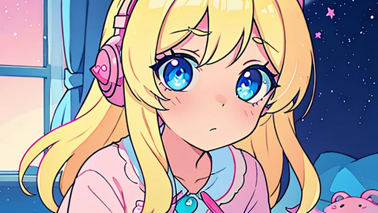 Imagem de room of . Close up of the girl.  with blonde hair and blue eyes sitting on the bed, wearing pink teddy bear pajamas, Listening to music with headphones. styled: custom cartoon. soft, warm lighting, pastel cores. Hot pink and shades of pink, with sky blue complements. Background Scenario: large window with city view at night, starry sky. Key words: digitl art, kawaii style, room of , feminine decoration, pastel cores