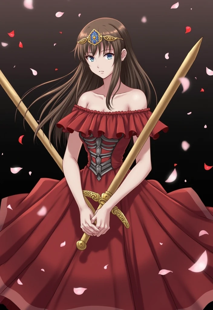 Title "Miss General", with two crossed swords, with brown hair, blue eyes, expression would be, with red petals falling