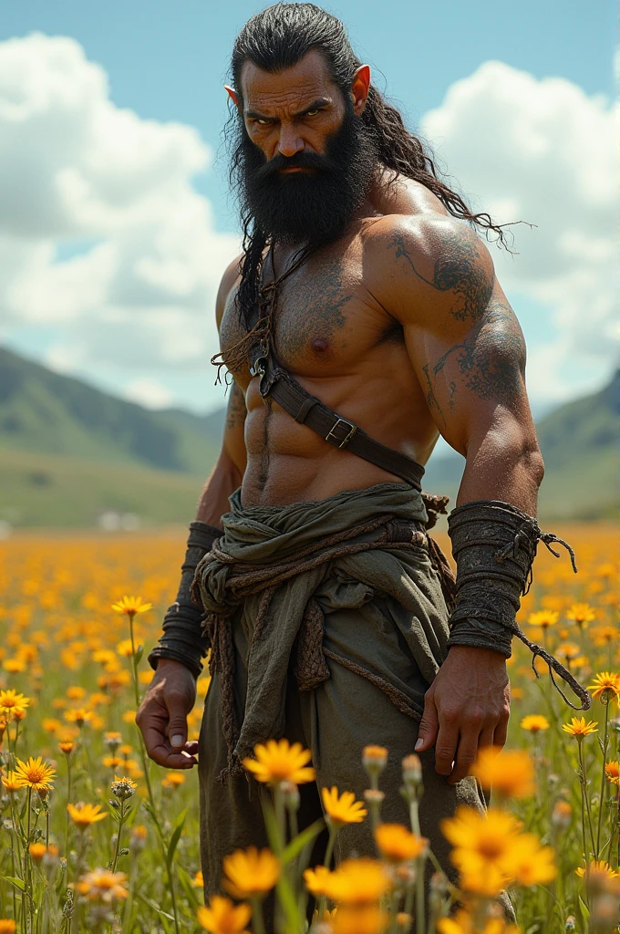 Half-orc humanoid, in a field, defined face, wearing rags