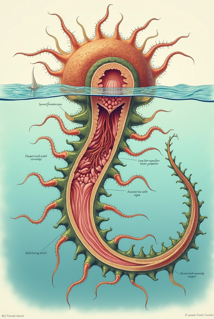 Detail of the structure of the Hydra:
A detailed diagram of the structure of the hydra, showing its tentacles, digestive cavity, and the place where the sprout is formed.