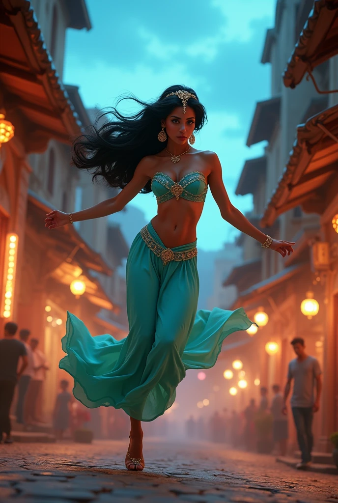 Stunning Princess Jasmine withe a big sixpack, photo in 8k, in action, cinematic.