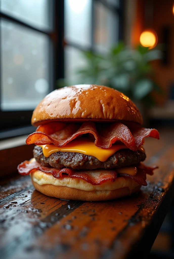 Um hamburguer bem realista sin picles e sin gergilim por cima, for sale in.LnF.rainy and cold day, to put on insta stories, com bacon, sin.ser duplo e sin nada em.top of the bread, without sesame, pao.smooth ass
