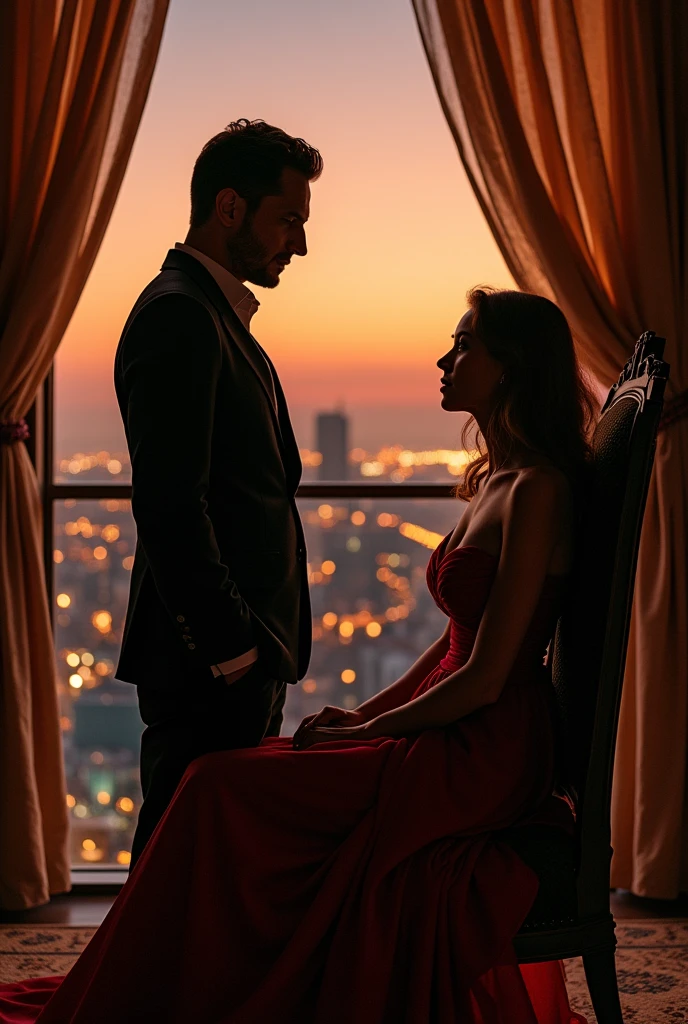 creates an image of a man facing a woman in a high-backed chair facing the balcony