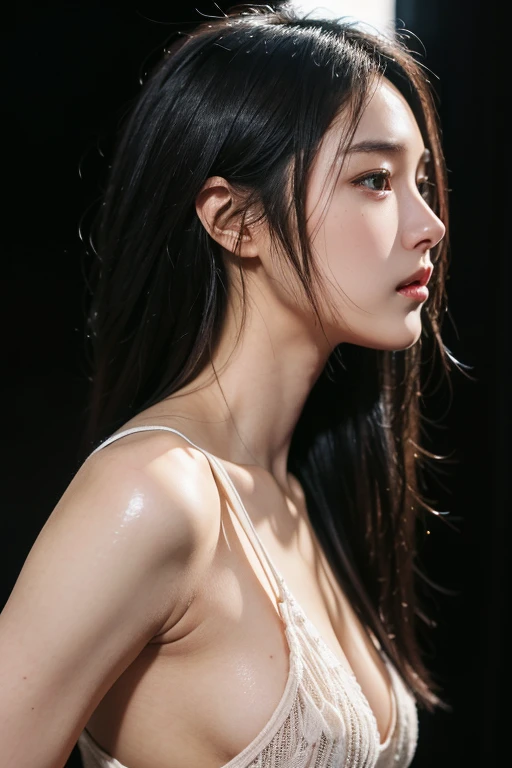 (A 20-year-old Japanese slender beautiful girl), (Small breasts:1.5,)solo, (masterpiece, High resolution, High detail, Highest quality, Very detailed, Ultra high definition, Textured skin,Reality), ((Ray Tracing,Portrait Photography)), Cinematic light effects,Light from an angle, ((realism)), ((Surrealism)),8k octane, ((Natural Makeup)),Aperture value F1.8, (((Black Hair, Shiny Hair, One medium length hair))),((Profile photo,Knitted sleeveless,Front shot,Close-up))