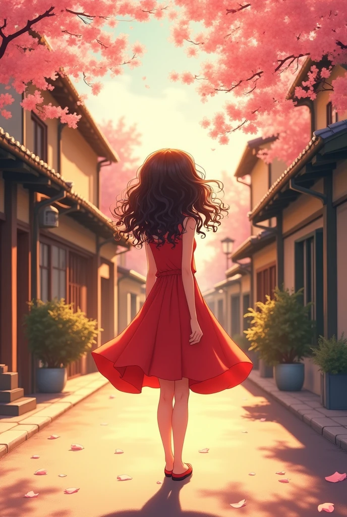A mature teenage girl curly-haired, fair-skinned girl wearing a soft red dress and ballet flats, in a empty street, 90's anime style 