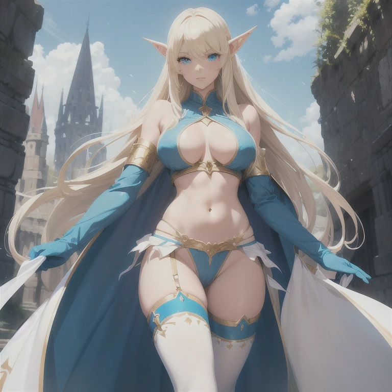 ,elf woman, fantasy style, blonde hair, long straight hair, bangs, sky blue eyes, (white cloth,) blue cloth, bare shoulders, underbust, fantasy, slim abdomen, giant breasts, thigh-high stockings, armor bikini, loincloth, pointed ears,