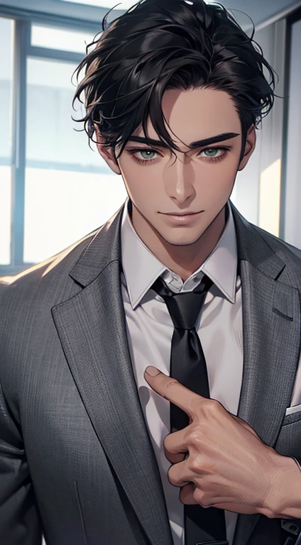 (Highest quality,4K,8K,High resolution,masterpiece:1.2),Super detailed,(Realistic,photoRealistic,photo-Realistic:1.37),1 person,34 years old,Mature Men,Beautiful skin、very handsome,Expressionless smile in love,Short gray Black hair,green eyes,Sharp Eyes,A perfect face without a doubt,Businessman, CEO, Office Background,Cinema Lighting,HDR image,tie、
