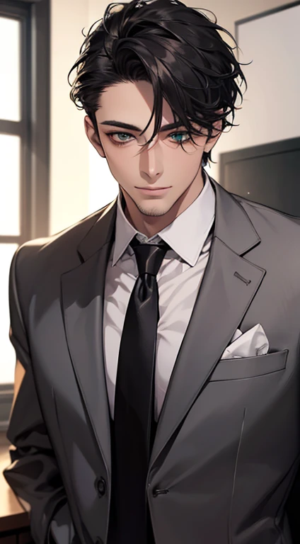 (Highest quality,4K,8K,High resolution,masterpiece:1.2),Super detailed,(Realistic,photoRealistic,photo-Realistic:1.37),1 person,34 years old,Mature Men,Beautiful skin、very handsome,Expressionless smile in love,Short gray Black hair,green eyes,Sharp Eyes,A perfect face without a doubt,Businessman, CEO, Office Background,Cinema Lighting,HDR image,tie、