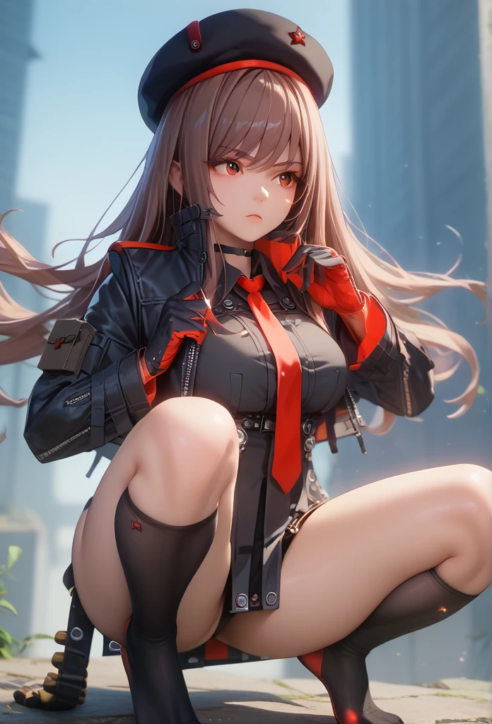 Lapidev, Red eyes, Brown Hair, Long Hair, bangs, beret, Black jacket, Cropped jacket, Red tie, gloves, Black Shirt, 
Knee socks,9,score_8_superior,score_7_superior,masterpiece,Highest quality,Perfect Anatomy,so beautiful,Official Art,8k,Shiny_skin,fair_skin,white_skin, mini skirt、Thighs:1.4,Large Breasts:1.5,,choker、Erotic squatting