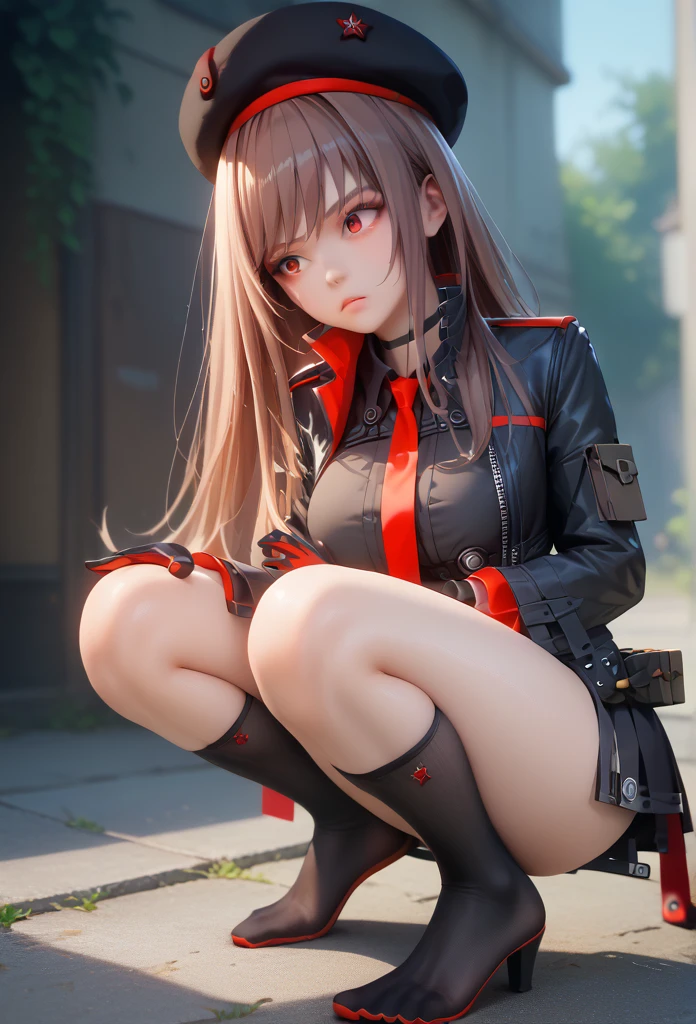 Lapidev, Red eyes, Brown Hair, Long Hair, bangs, beret, Black jacket, Cropped jacket, Red tie, gloves, Black Shirt, 
Knee socks,9,score_8_superior,score_7_superior,masterpiece,Highest quality,Perfect Anatomy,so beautiful,Official Art,8k,Shiny_skin,fair_skin,white_skin, mini skirt、Thighs:1.4,Large Breasts:1.5,,choker、Erotic squatting