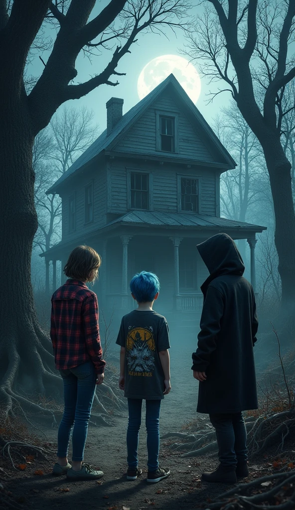 make 3 teenagers in front of a very old abandoned house in a very dark forest