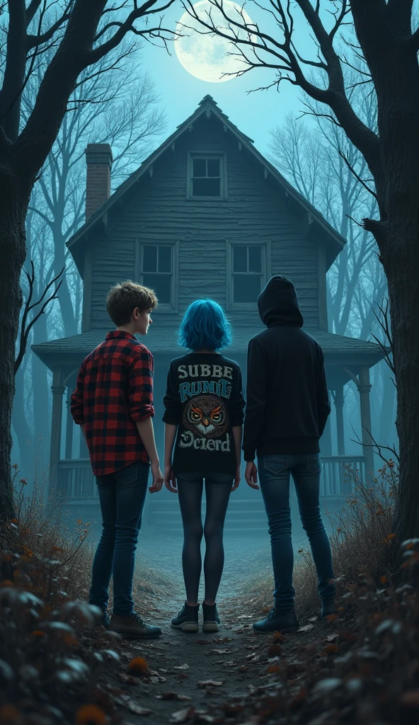 make 3 agers in front of a very old abandoned house in a very dark forest