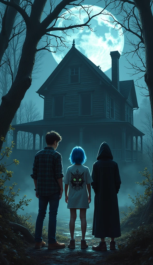 make 3 teenagers in front of a very old abandoned house in a very dark forest