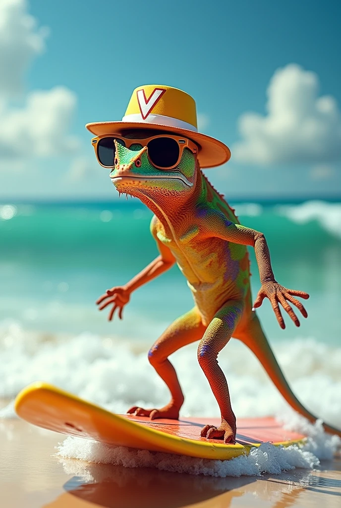 a chameleon in a surf suit, glasses, hat with a V symbol, a board on your feet in a V shape, the board has to know a V, chameleon stand in front