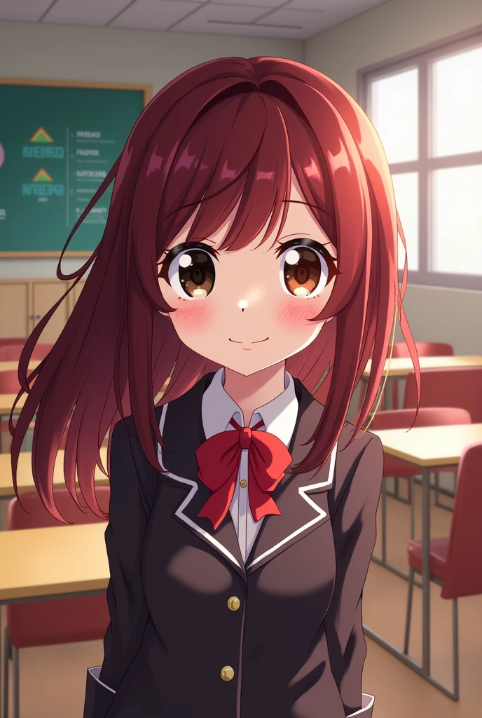 screenshot of boku no hero girl with straight hair, long with short locks and red color, with the left eye all black and the right one brown and pompous lips and has a shy but happy expression, She is wearing the UA school uniform and the background has a UA academy classroom.