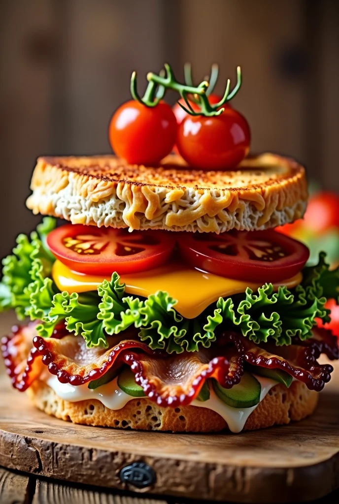 sandwich、Real、high resolution、tomato、lettuce、cheese、bacon
