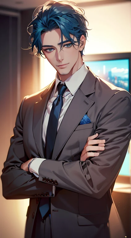 (Highest quality,4K,8K,High resolution,masterpiece:1.2),Super detailed,(Realistic,photoRealistic,photo-Realistic:1.37),1 person,34 years old,Mature Men,Beautiful skin、very handsome,Expressionless smile in love,Short blue hair,green eyes,Sharp Eyes,A perfect face without a doubt,Businessman, CEO, Office Background,Cinema Lighting,HDR image,tie、