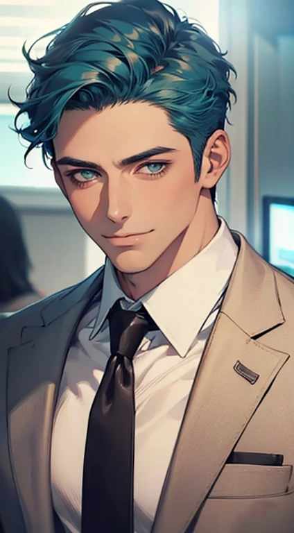 (Highest quality,4K,8K,High resolution,masterpiece:1.2),Super detailed,(Realistic,photoRealistic,photo-Realistic:1.37),1 person,34 years old,Mature Men,Beautiful skin、very handsome,Expressionless smile in love,Short blue hair,green eyes,Sharp Eyes,A perfect face without a doubt,Businessman, CEO, Office Background,Cinema Lighting,HDR image,tie、
