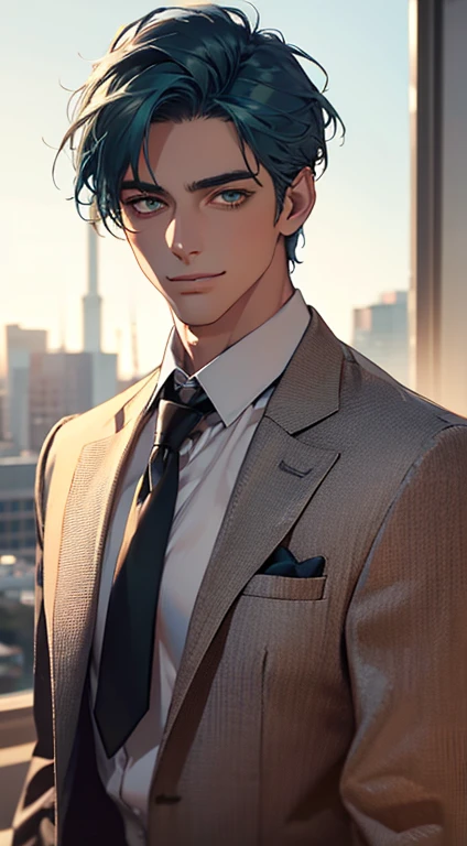 (Highest quality,4K,8K,High resolution,masterpiece:1.2),Super detailed,(Realistic,photoRealistic,photo-Realistic:1.37),1 person,34 years old,Mature Men,Beautiful skin、very handsome,Expressionless smile in love,Short blue hair,green eyes,Sharp Eyes,A perfect face without a doubt,Businessman, CEO, Office Background,Cinema Lighting,HDR image,tie、