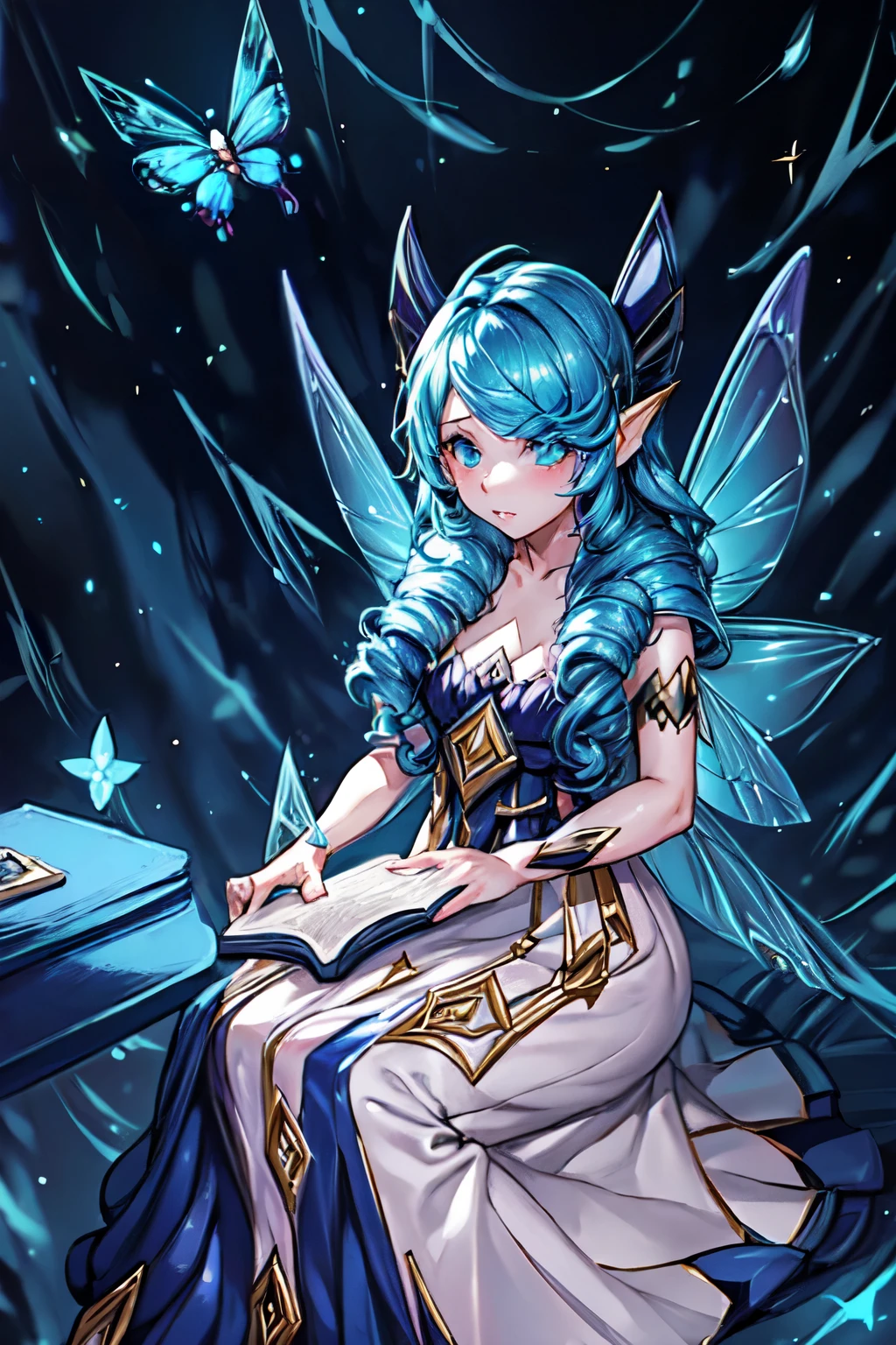 buterfly fairy wings, (((fairy woman sitting down, studying from a book))),girl reading a book, gorgeous anime fairy, in a library, gwen from league of legends, gorgeous blue and white sensual gala dress, reading pose