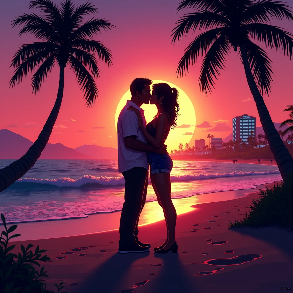 black shadow of two people kissing on a beach in vice city gta