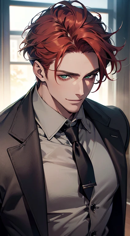 (best quality, masterpiece, 8K, photorealistic, cinematic lighting, hdr image, ultra detailed, beautiful image), a mature man, very handsome, smile, short grey red hair, green eyes, perfect face without errors, ((buttoning the jacket, CEO))