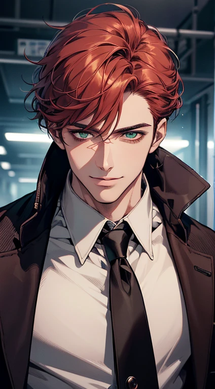 (best quality, masterpiece, 8K, photorealistic, cinematic lighting, hdr image, ultra detailed, beautiful image), a mature man, very handsome, smile, short grey red hair, green eyes, perfect face without errors, ((buttoning the jacket, CEO))