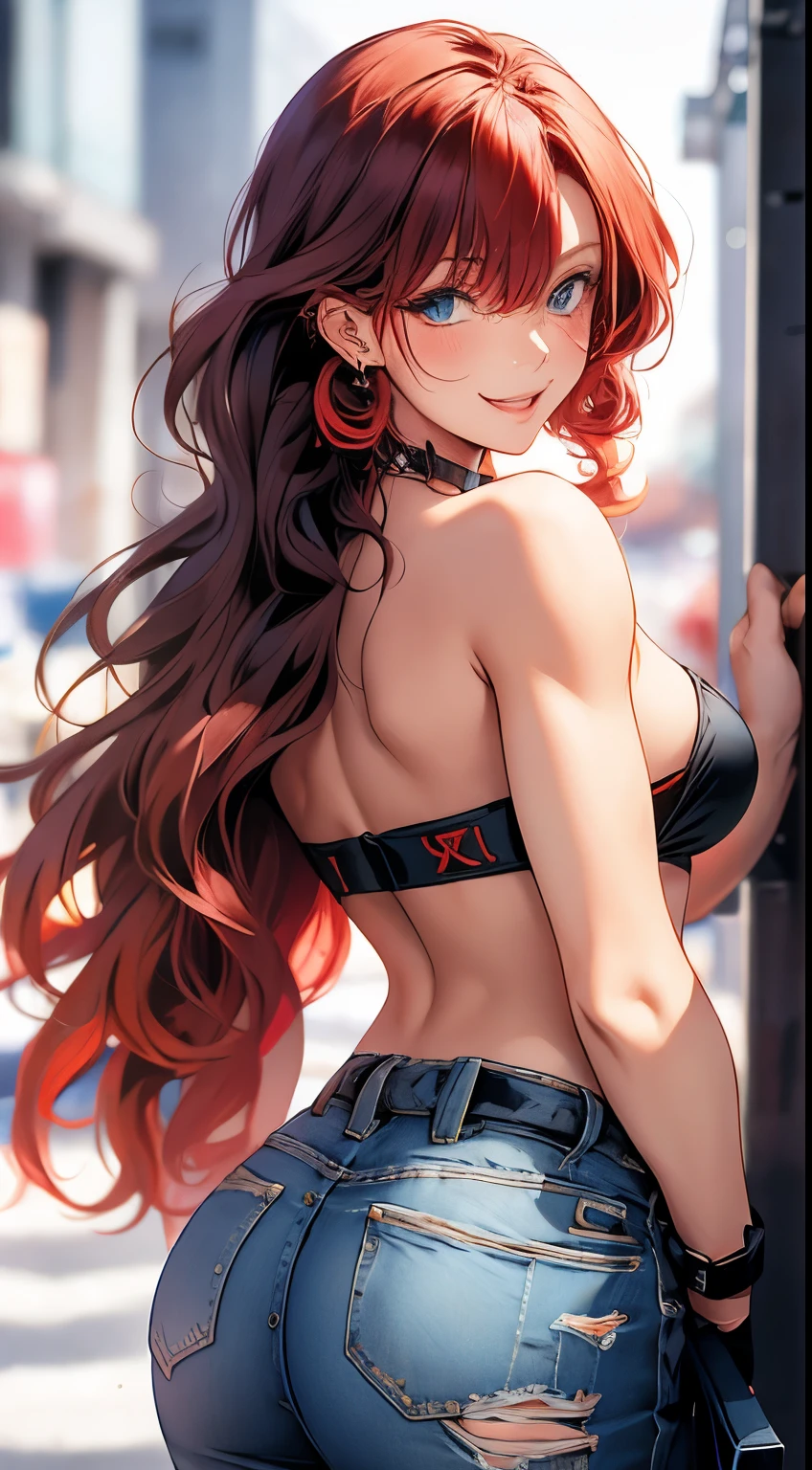 1girl, anime girl, anime, (dark skin), bracelet, necklace, earrings, 2d girl, 18y, (fullbody), standing, anime girl, seductive smile, (red hair), flowing hair, hair flowing in the wind, ((black latex,tube top,strapless)), ((underboob view)), cleavage, Solo, Slim, Big Breasts, Tight Shorts, low waist shorts, upshorts, outdoors, night background, flowers, looking at viewer, darker shadows, (((Wedgie))), (((explicit))), (((shorts))), (((absurdres))), (((thigh gap))), (((cameltoe))), (((lowleg shorts))), (((sexy))), (((sensual))), (((Detailed description vagina))), (Raise one leg wide), (((Tube Top))), (((Strapless)))