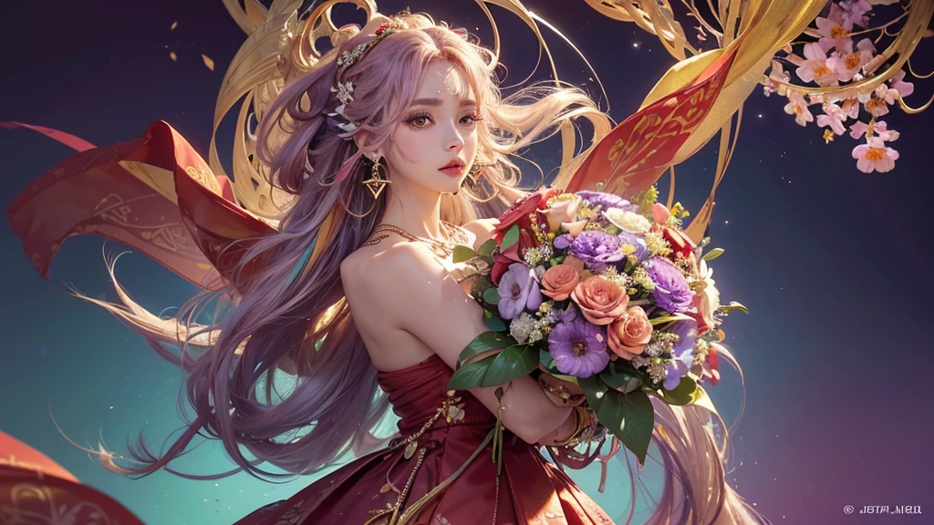 32K, 最高quality, 最高masterpiece, (ultra-Detailed Background, Detailed Background), High resolution, Super detailed, Very detailedな, 1 personの, (bouquet:1.3), (Tangled:1.2), (Geometric:1.2),(colorful),(masterpiece, quality, best quality, Official Art, Beautiful and beautiful:1.2), (1 person:1.3), Very detailed,(colorful:1.1)(Flowers:1.3),Most detailed,(Tangled:1.2), whole body, (Abstract background:1.3), (Skin glows), (Many colors:1.4), ,(Earrings Jewelry:1.5), Pale Red Background, It's imaginative., Milk tea colored hair, Updo,