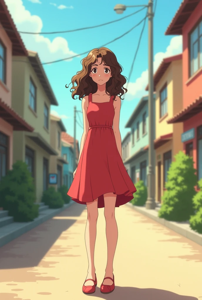 A mature age girl curly-haired, fair-skinned girl wearing a soft red dress and ballet flats, in a empty street, from the front, 90's anime style