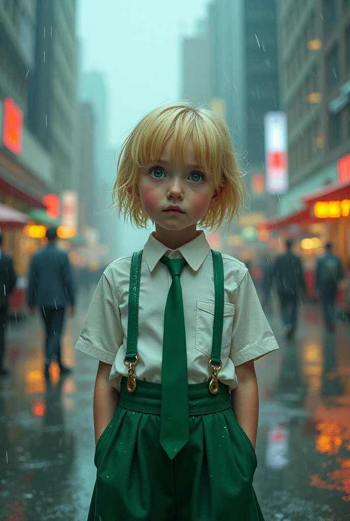 1girl, blond hair, short hair, blue eyes, white shirt, green tie, green skirt, city, rain, detailed background 