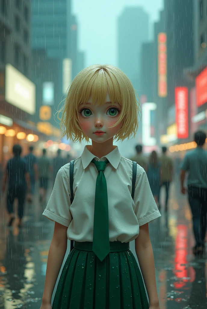 1girl, blond hair, short hair, blue eyes, white shirt, green tie, green skirt, city, rain, detailed background 