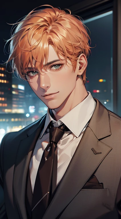 (Highest quality,4K,8K,High resolution,masterpiece:1.2),Super detailed,(Realistic,photoRealistic,photo-Realistic:1.37),1 person,34 years old,Mature Men,Beautiful skin、very handsome,Expressionless smile in love,Short gray orange hair,green eyes,Sharp Eyes,A perfect face without a doubt,Businessman, CEO, Office Background,Cinema Lighting,HDR image,tie、