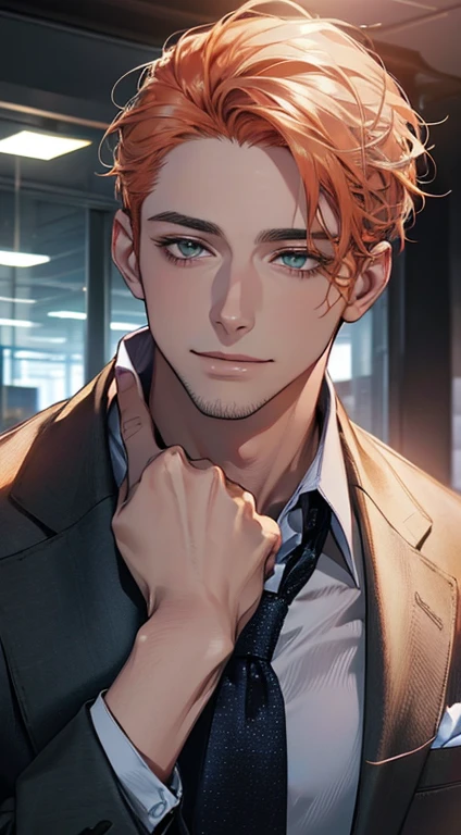 (Highest quality,4K,8K,High resolution,masterpiece:1.2),Super detailed,(Realistic,photoRealistic,photo-Realistic:1.37),1 person,34 years old,Mature Men,Beautiful skin、very handsome,Expressionless smile in love,Short gray orange hair,green eyes,Sharp Eyes,A perfect face without a doubt,Businessman, CEO, Office Background,Cinema Lighting,HDR image,tie、