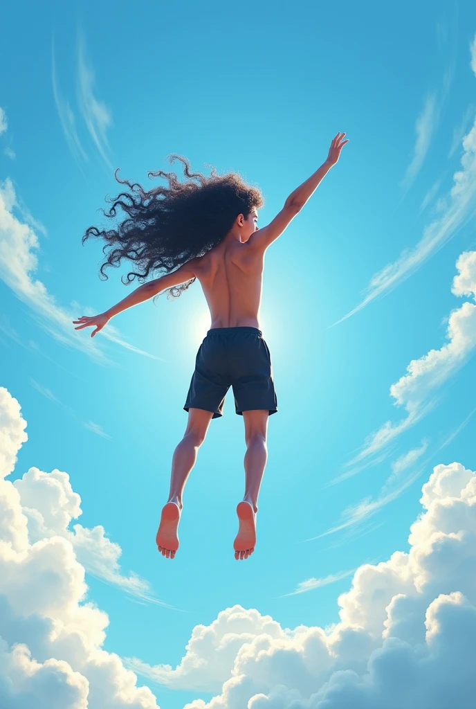 The teenager with long black curly hair, his arms and legs are long, he wears black shorts, no shirt, his arms and legs stretch out like big ropes and he is in flight, his arms and legs are two meters long.