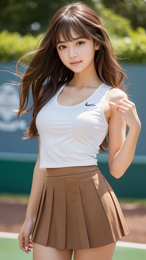 masterpiece, Highest quality,Very detailed,High resolution,(Realistic, photoRealistic:1.37),Excellent anatomy, One beautiful woman,18-year-old,tennis Club,(Knee-deep shots:1.3),(Focus on skirt and thighs:1.5),A small smile,Play Tennis,Tennis Wear, (shape),White ultra-short pleated mini skirt,((Very delicate and beautiful)),(Bokeh, Blurred outdoor background),Brown Hair,Long Hair,bangs,Very beautiful face,Cute type,,Big Natural Color Lip,Big and pretty eyes,Brown eyes,Obvious double,Small and cute nose,Brown eyes, Shiny highlight spots around the eyes,Character Focus,Tilt your head,The best light,Best Shadow,Mysterious perfect face,Very detailed,Soft Skin,(Glowing Skin, Sweaty: 1.2)'Beautiful feet, Voluptuous thighs, Plump body, Huge breasts, (Expresses the roundness and softness of the chest area.........1), Beautiful body, (The perfect woman),(Lower both arms to the sides:1.3),Relaxed pose,Are standing,Complete off-shot,