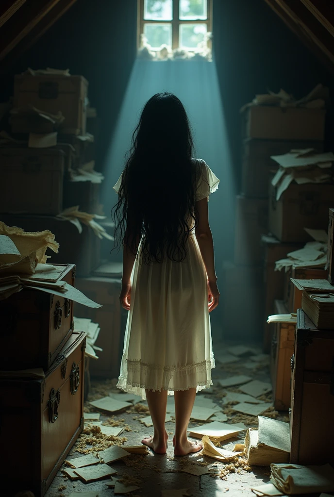 create the image of a black haired human teenage girl dressed in white, orphan, looking for documents