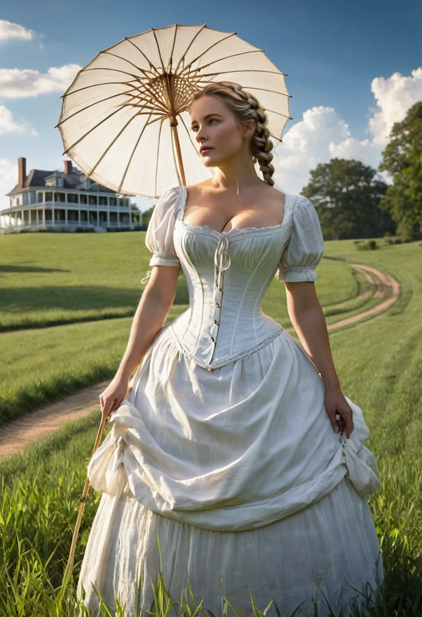 8K quality, ultra-high definition realism, a large farm in the American South in the 1850s, the beautiful wife of a white farmer, wearing a corset to emphasize the size of her breasts, her cleavage is wonderful, walking in front of the mansion in a thin white dress, wearing a wide-brimmed white hat, beautiful, blonde hair braided and tied up, the afternoon sun is dazzling, the shadows are deep, backlit, she is holding a parasol in her hand, a spacious farm and a large mansion can be seen in the background, white clouds in the distance, the grass in the foreground is short pasture grass, the wind is blowing gently, the camera is shot from a bird's-eye view., ((top ripped off:1.4)), (massive tits:1.5), naked ,nsfw