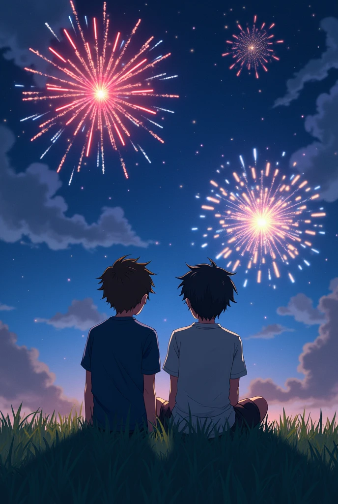 A fifteen-year-old anime boy with thick dark brown hair sits on the grass next to his friend, who has black thick hair and is also fifteen. they are watching the fireworks on the hill