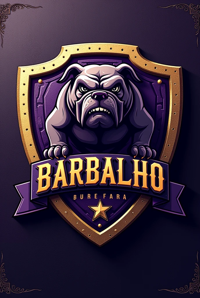 Create a shield for a football team called Barbalho in Portuguese, purple and gold colors, bulldog