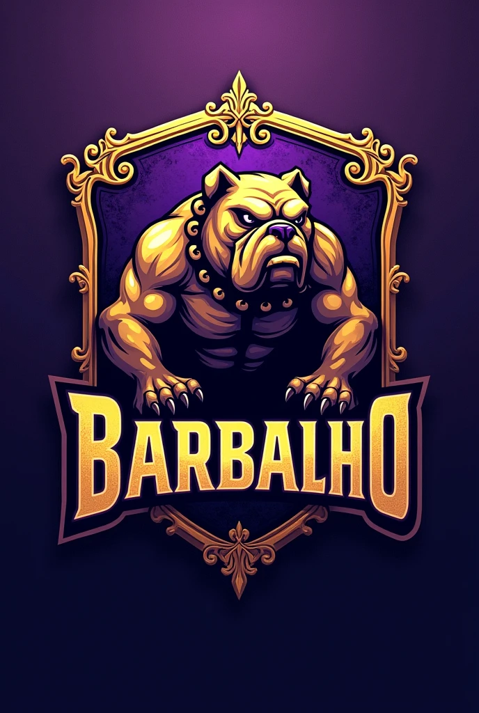 Create a shield for a football team called Barbalho in Portuguese, purple and gold colors, bulldog