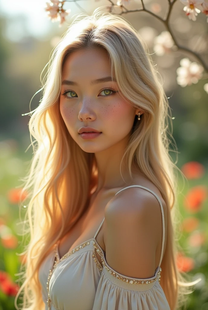 (photorealism:1.2), beautiful woman, Australian white asian Korean blond with green eyes, long straight hair, bunny kind features
Big breast, small waist, tall