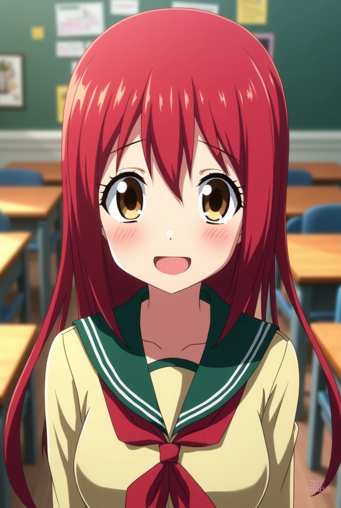 screenshot of anime my hero academia girl with straight hair, long with short locks and red color, with the left eye all black and the right one brown and pompous lips and has a shy but happy expression, She is wearing the UA school uniform and the background has a UA academy classroom.