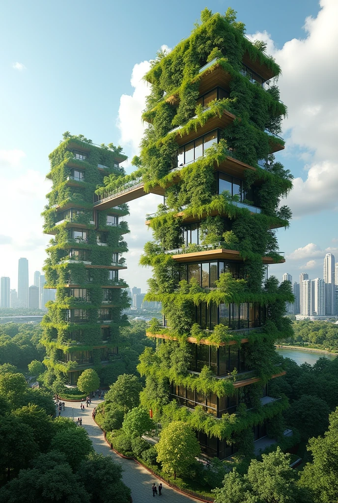 The complex is structured as a series of stepped towers that emerge from the urban landscape like vertical gardens.. The facades are covered with native vegetation, creating a green skin that not only beautifies, but also improves air quality and acts as a natural cooling system.. Each plant is a hanging garden, where plant and human life coexist in symbiosis.