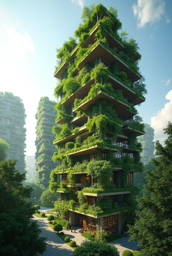 The complex is structured as a series of stepped towers that emerge from the urban landscape like vertical gardens.. The facades are covered with native vegetation, creating a green skin that not only beautifies, but also improves air quality and acts as a natural cooling system.. Each plant is a hanging garden, where plant and human life coexist in symbiosis.