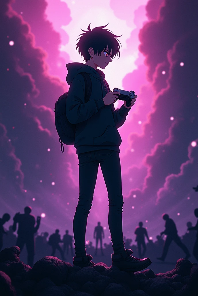 A shadow teen boy holding a PlayStation 5 controller ,anime style, while standing on a while standing on a shadow people, wearing a skinny jean,black hoodie 