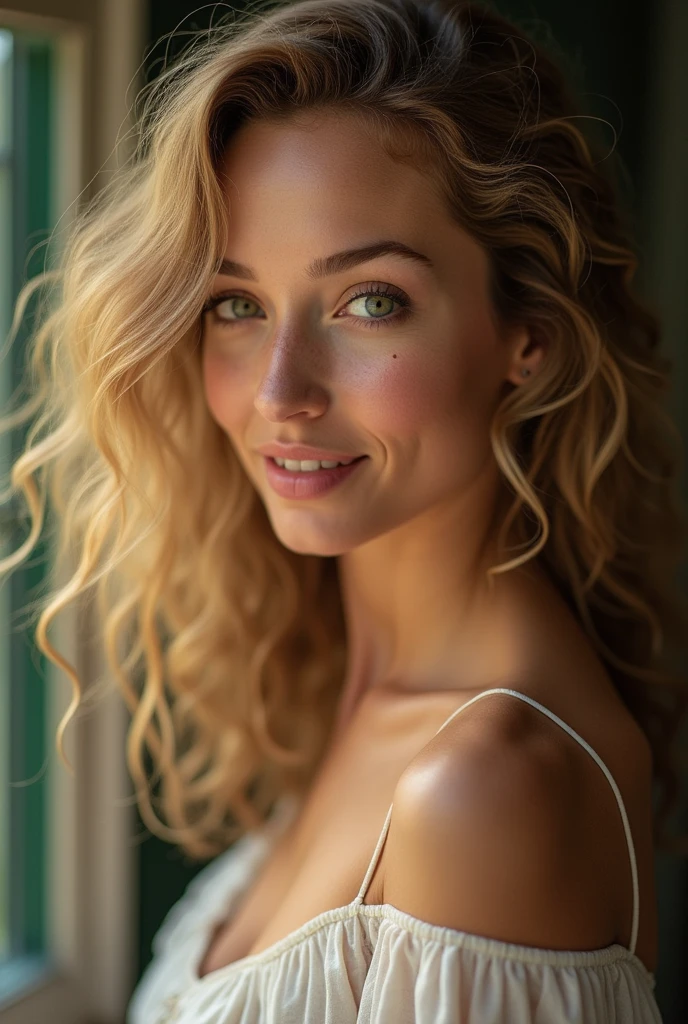 (best quality,highres,masterpiece:1.2),ultra-detailed,photorealistic:1.37,portrait,beautiful woman,curly hair,freckles,detailed eyes,detailed lips,dirty blonde hair,vibrant colors,soft lighting,studio setting,feminine,pensive expression,graceful pose,delicate features,subtle makeup,bokeh,shallow depth of field,subtle smile,rosy cheeks,airy feel,artistic composition, (((sfw))), (((Ana de Armas))), (((Green eyes))), Cinematic, Hyper-detailed, insane details, Beautifully color graded, Cinematic Lightning, Insanely detailed and intricate, Hyper maximalist, Volumetric, Full color, HDR, shallow depth of field, high budget Hollywood film, cinemascope, moody, epic, gorgeous